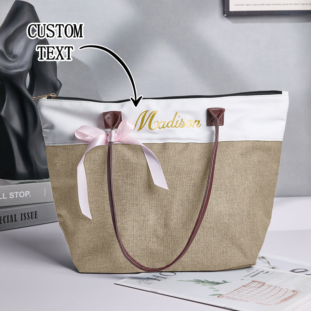 Personalised bridesmaid canvas tote bag with long handles and ribbon accent, printed name keepsake for the wedding party