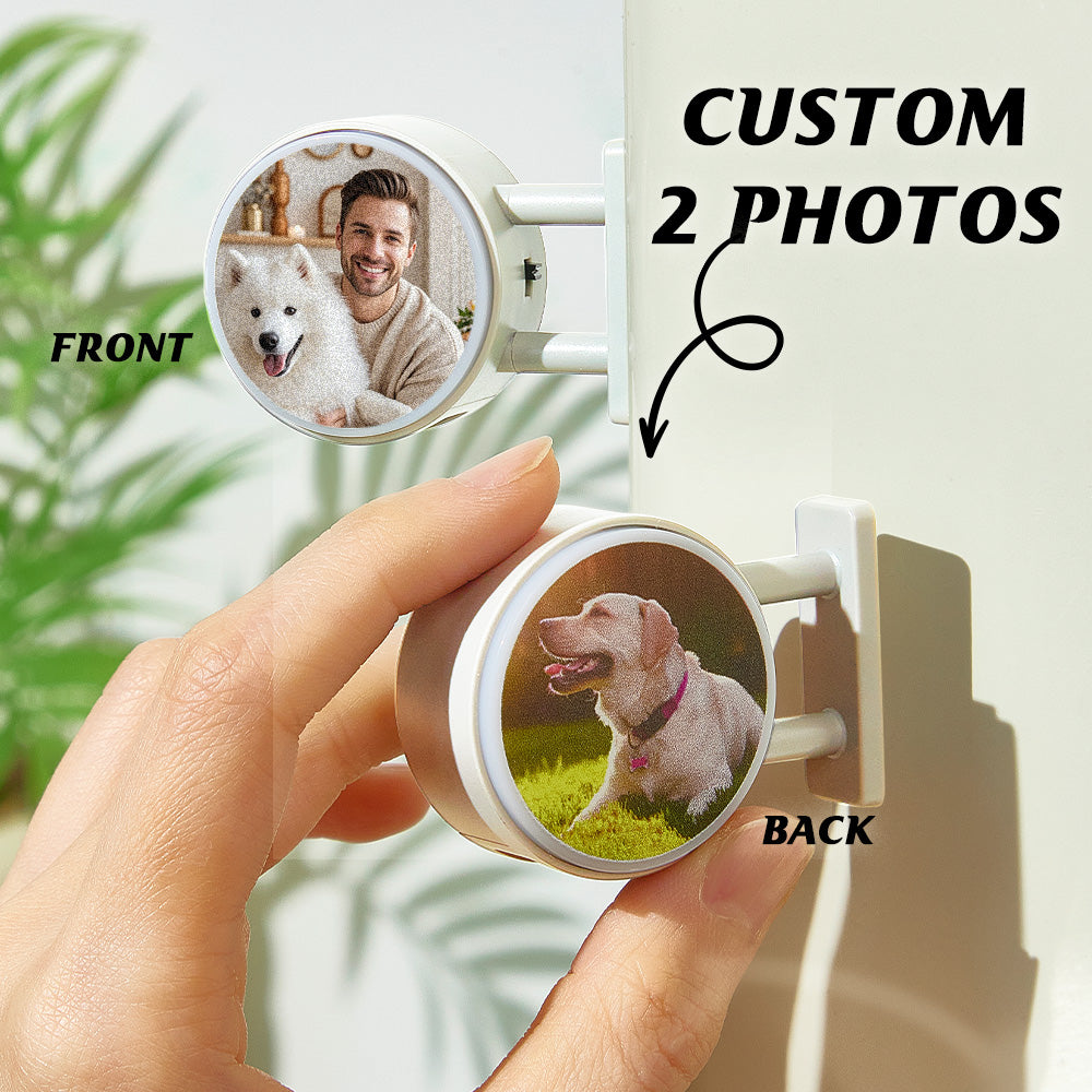Square LED photo magnet close-up on a fridge door highlighting scratch-resistant plastic casing — durable personalised fridge magnet