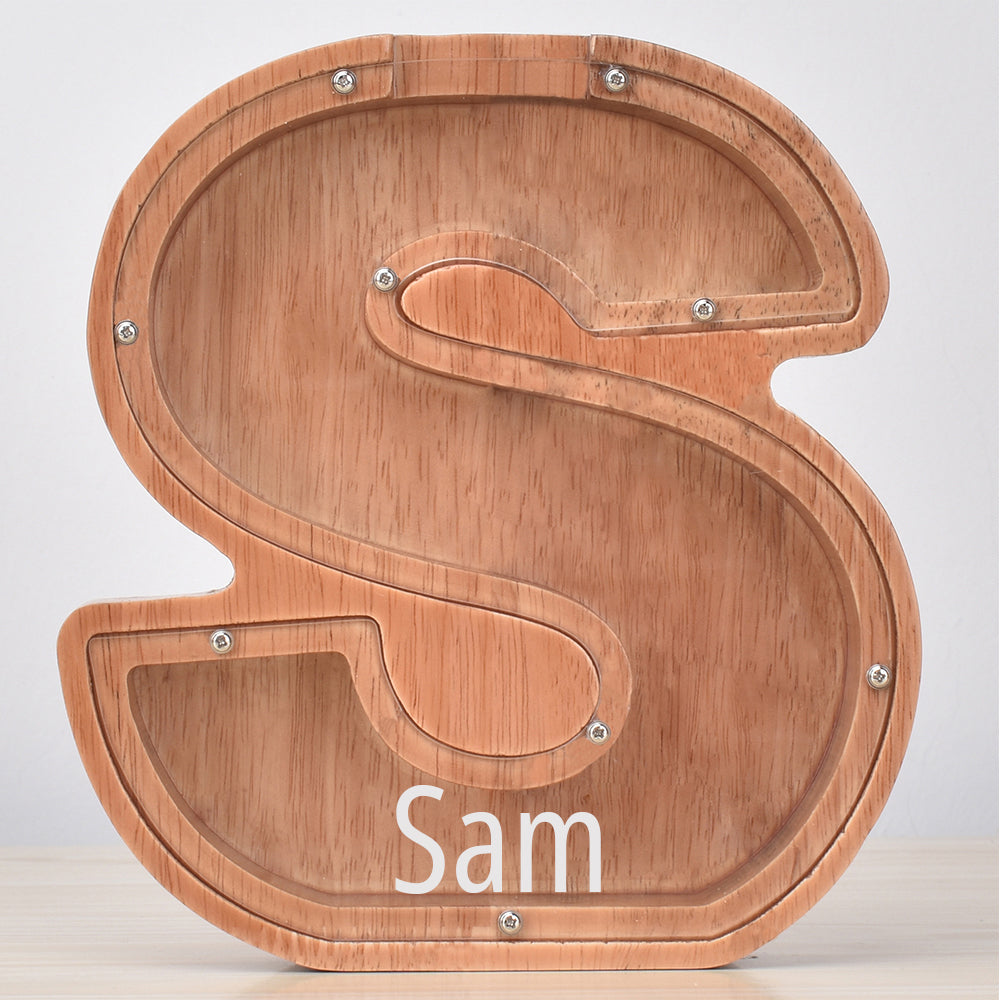 Personalised Oak Wooden Letter Money Box with Engraved Name | Handcrafted Piggy Bank