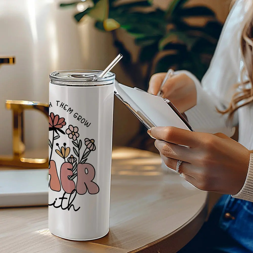 Personalised Wildflowers 20oz Skinny Tumbler with Straw - Custom Teacher Gift