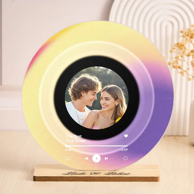 Close-up of engraved text and printed photograph on acrylic vinyl plaque – high-resolution personalised keepsake with song details