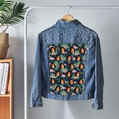 Personalized Jean Jacket with Pearl Custom Face Leaf Printing Denim Jacket Funny Gift for Her