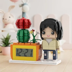 Personalised Brick Figures Clock & Potted Plant Set - Unique Custom Gift for Her