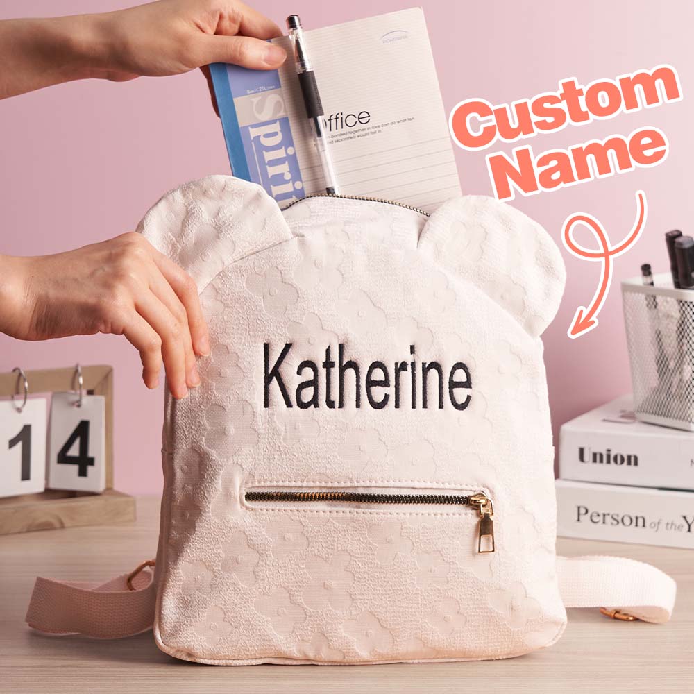 Rear view of personalised mini flower backpack showing adjustable padded straps and reinforced canvas — comfortable custom backpack for kids