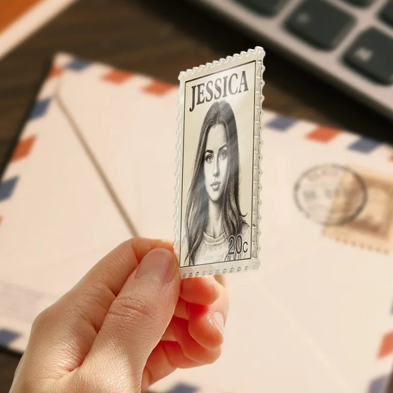 Magnet displayed on a metal surface; a custom portrait with postage-stamp styling makes a personalised photo gift.