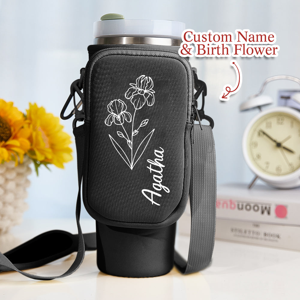Close-up of waterproof neoprene texture with water droplets on personalised birth flower carrier for 40oz Stanley tumbler
