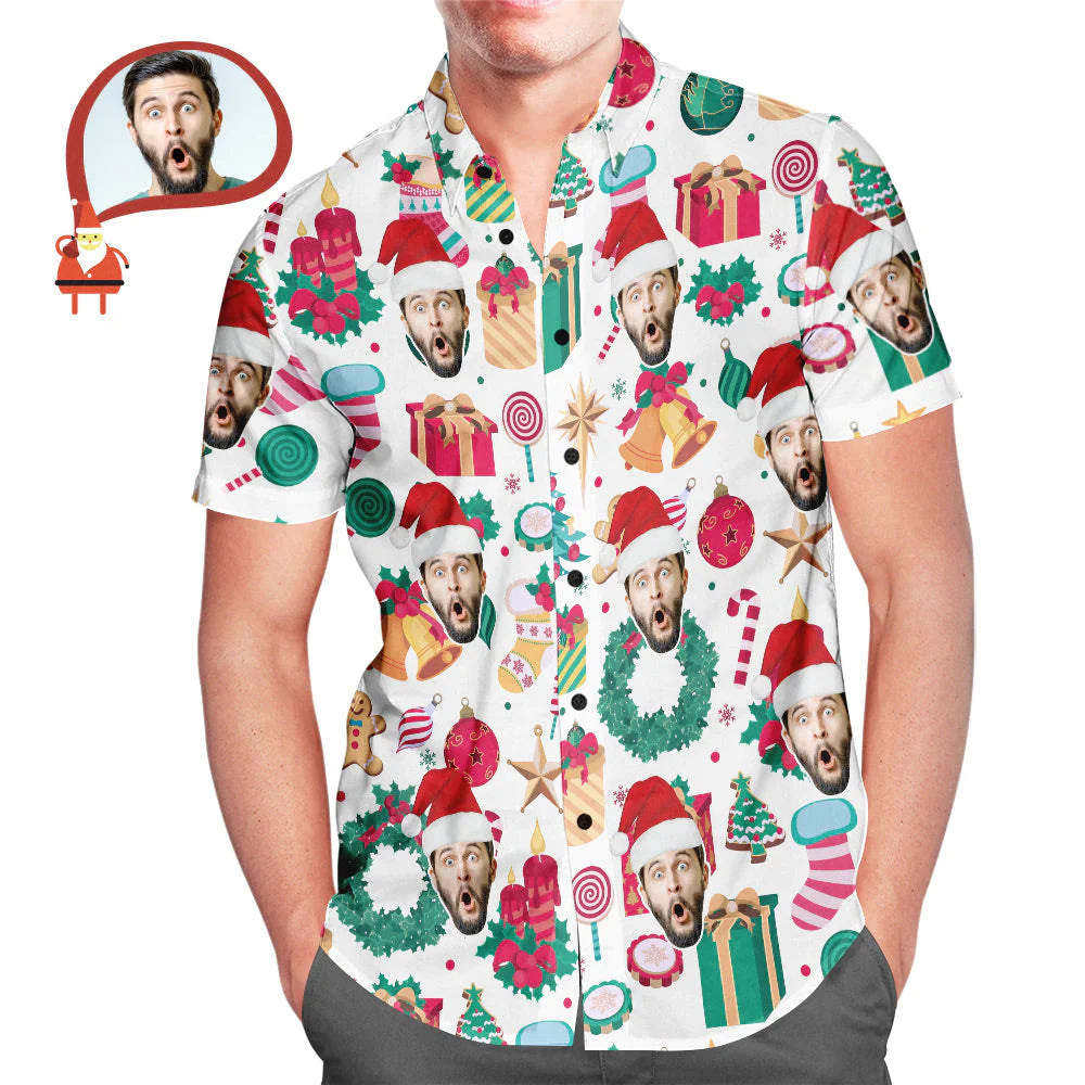 Close‑up of custom face Christmas pattern on lightweight 4‑way stretch Hawaiian shirt — novelty personalised shirt for him