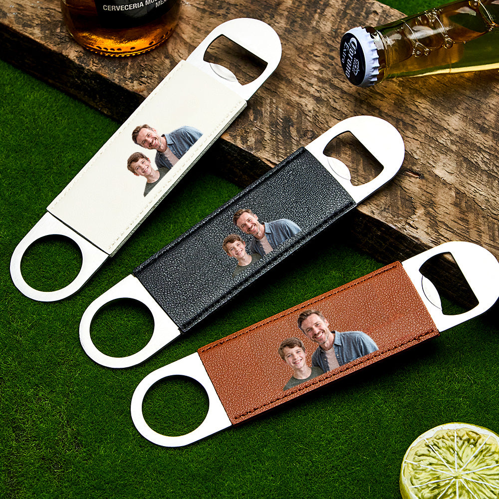 Close-up of the bottle opener displaying the printed photo on the leather handle.