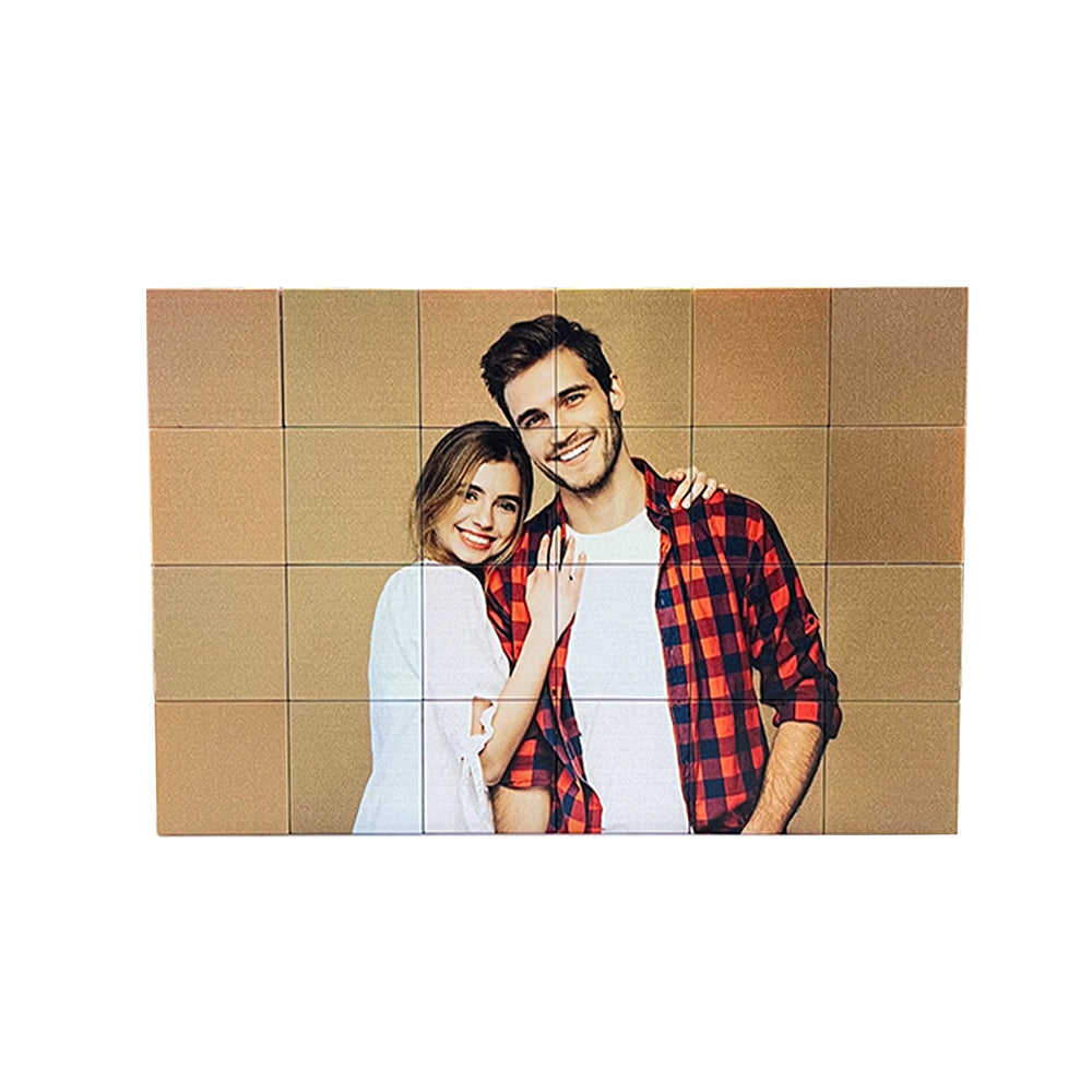 Multiple personalised magnetic blocks joined to form a photo collage — custom magnetic building blocks for interactive display