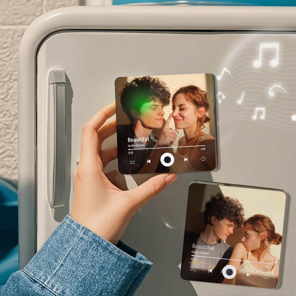 Personalised music fridge magnet attached to a fridge — custom photo magnet that plays a selected song on door open, ideal gift for her