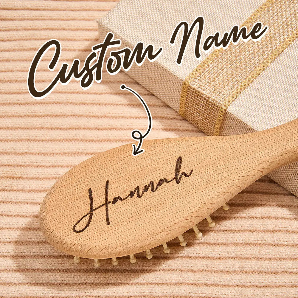 Matching wooden baby brush and comb side-by-side highlighting smooth natural finish and engraved personalise option