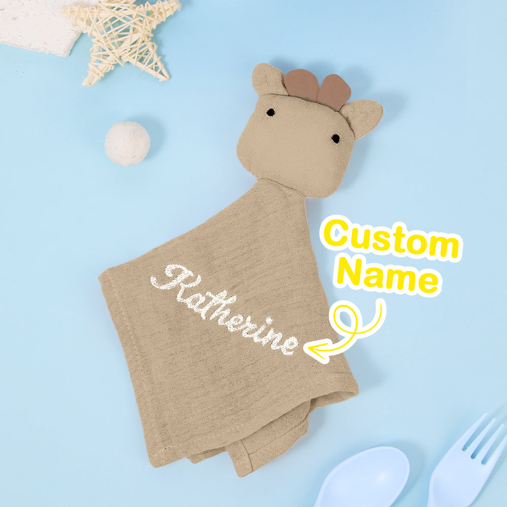 Flat lay of personalised cuddle cloth blankie with embroidered name, perfect baby shower gift UK and keepsake