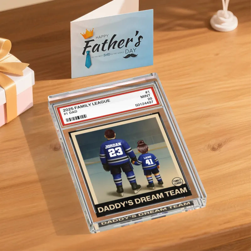 Detail shot highlighting the crystal-clear acrylic block and the card-inspired design of the No.1 Dad keepsake.
