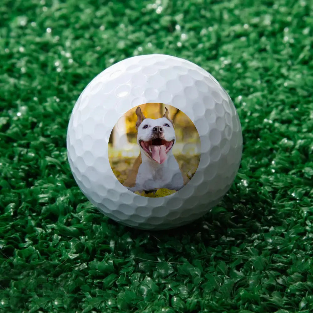 Close-up of photo print and custom text on personalised golf ball – vivid UV printing on durable rubber
