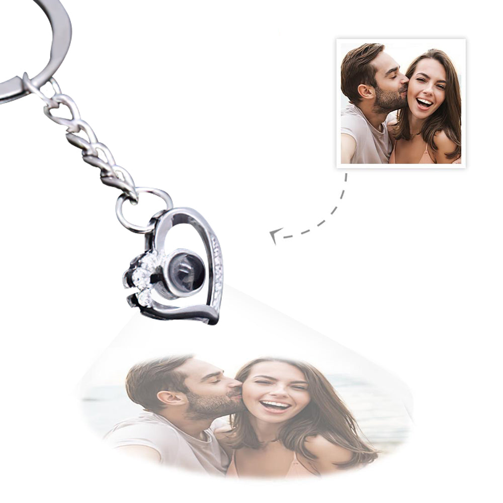 Personalised heart projection keyrings in silver and rose gold plating, engraved photo keyring options with bright textured finish