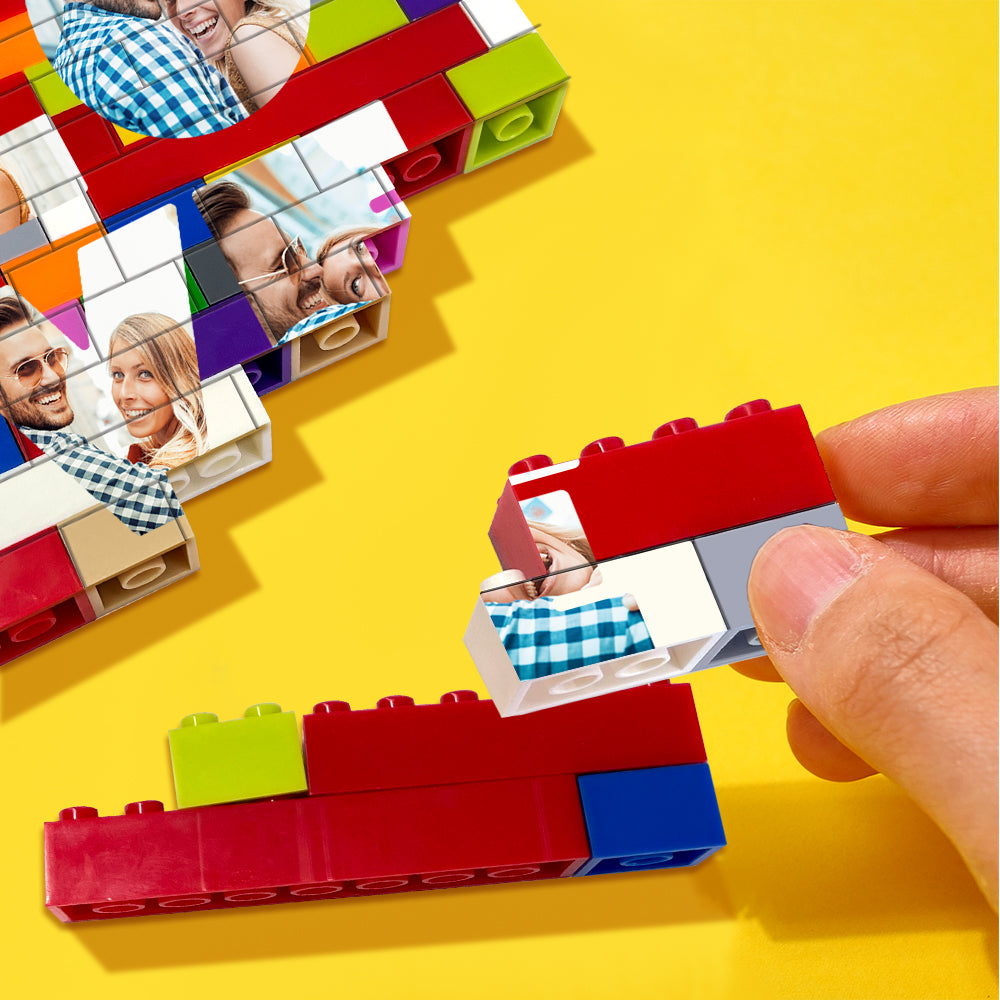 Custom Photo Block Puzzle shown partially disassembled to display rectangular interlocking PVC bricks and personalised text option — a DIY personalised photo gift
