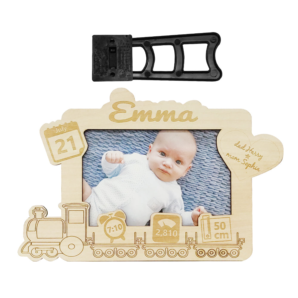 Close up of personalised baby frame showing 5mm high density wood board 1.5mm white acrylic insert durable UV print and laser engraved details