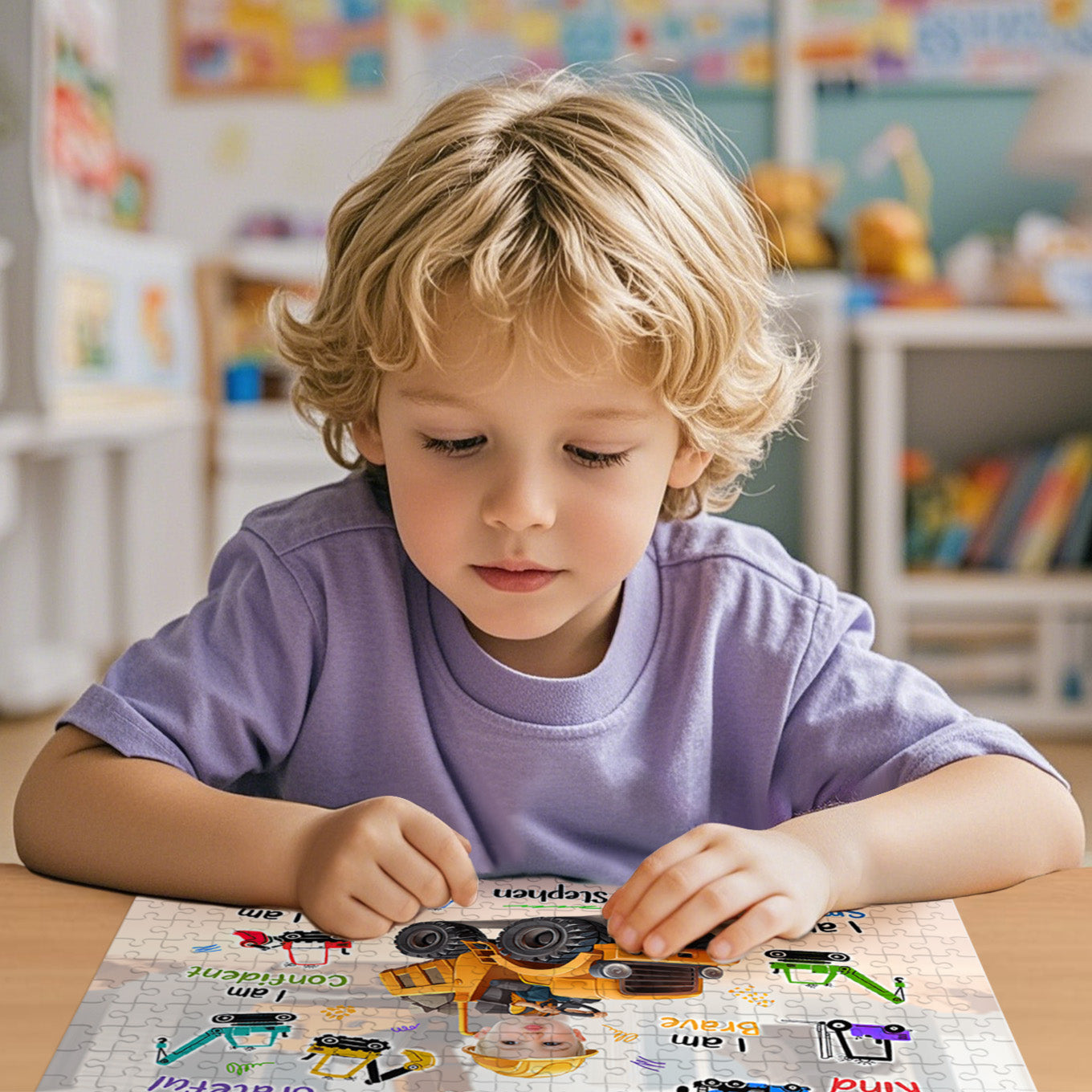 Close up of personalised construction truck jigsaw puzzle printed on durable paper with vivid colours, showing photo customisation and chunky pieces for small hands