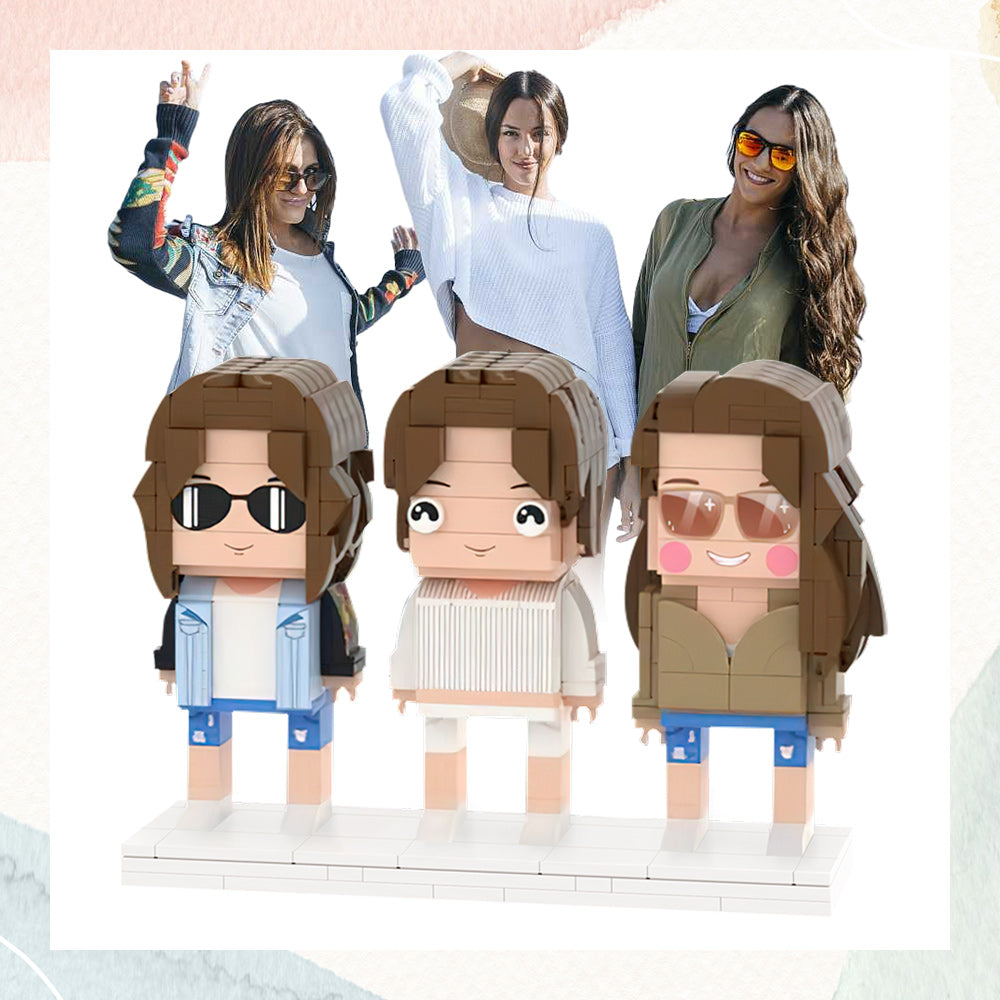 Three-person custom brick figures personalised as a gift for girlfriends — bespoke photo-to-figure keepsake in eco-friendly ABS
