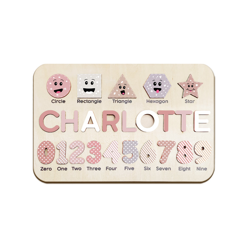 Close-up of smooth wooden board edge and colourful painted letters showing natural wood grain and child‑safe finish on a personalised name puzzle