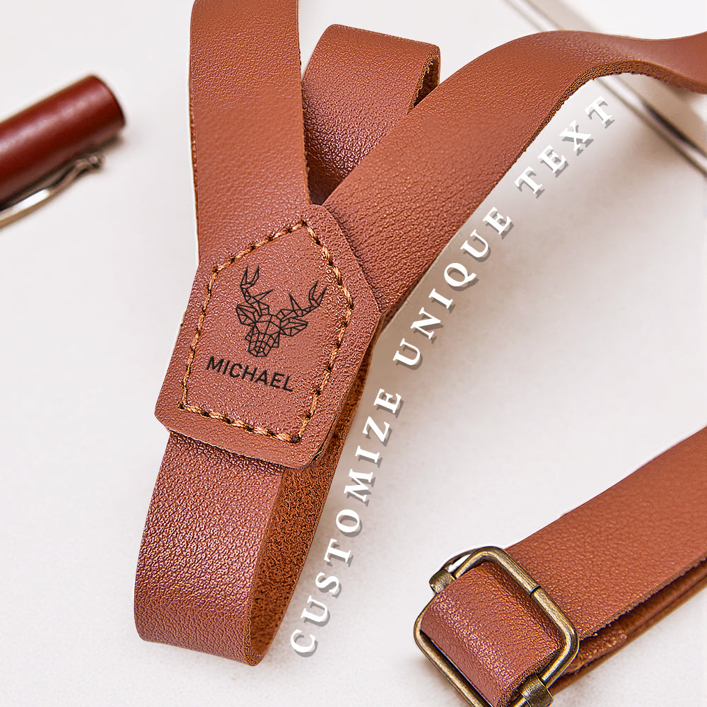 Stylish PU leather suspenders paired with suit — personalised engraved name for weddings, fathers' day and special occasions
