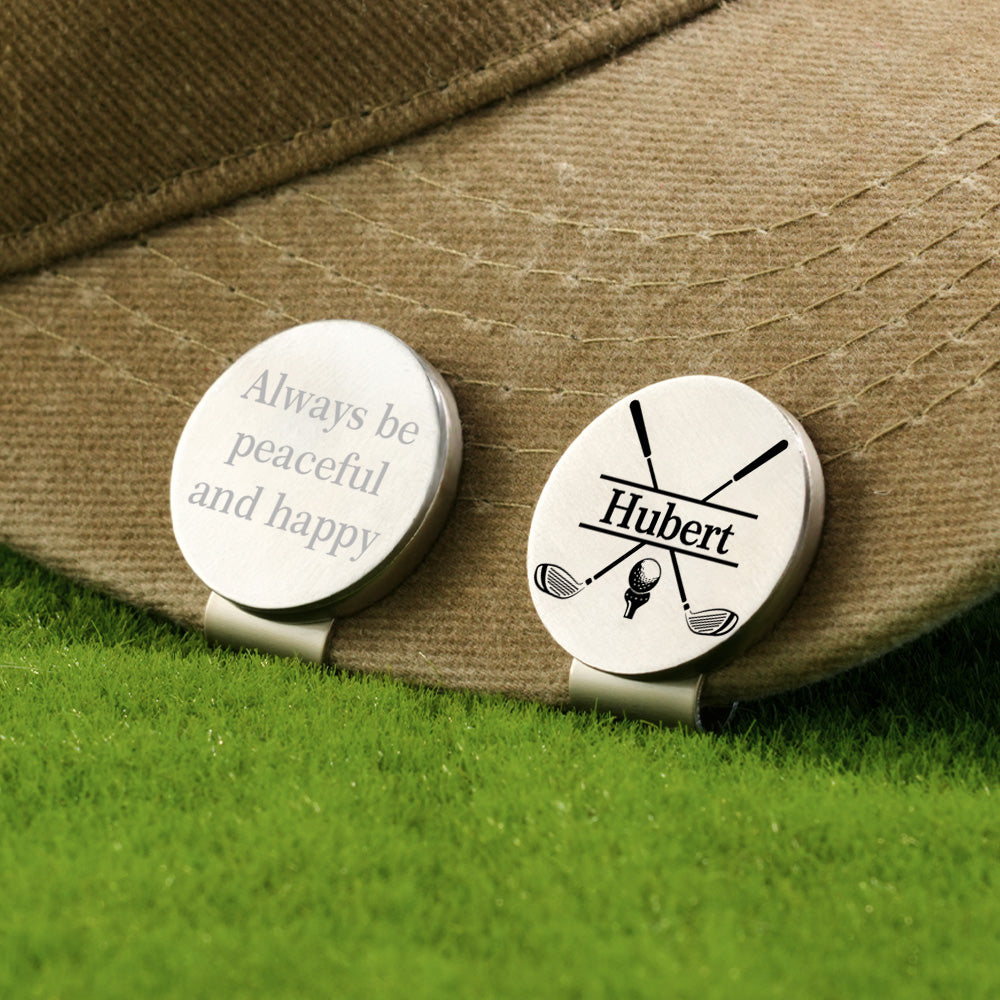 Magnetic hat clip holding a personalised golf ball marker on a cap, showing secure attachment for easy access on the green