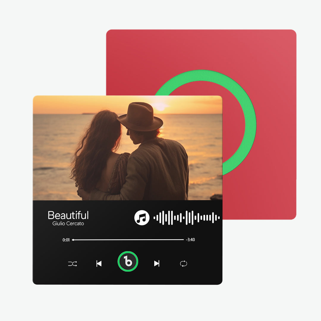 Size reference: 10cm FridgeBeats frameless music magnet held in hand to show compact personalised keepsake