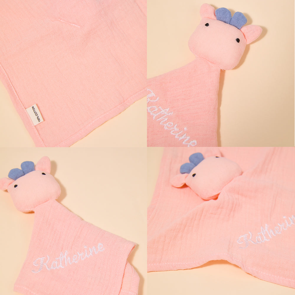 Selection of personalised embroidered name comforters in different colours, soft cotton security blanket options