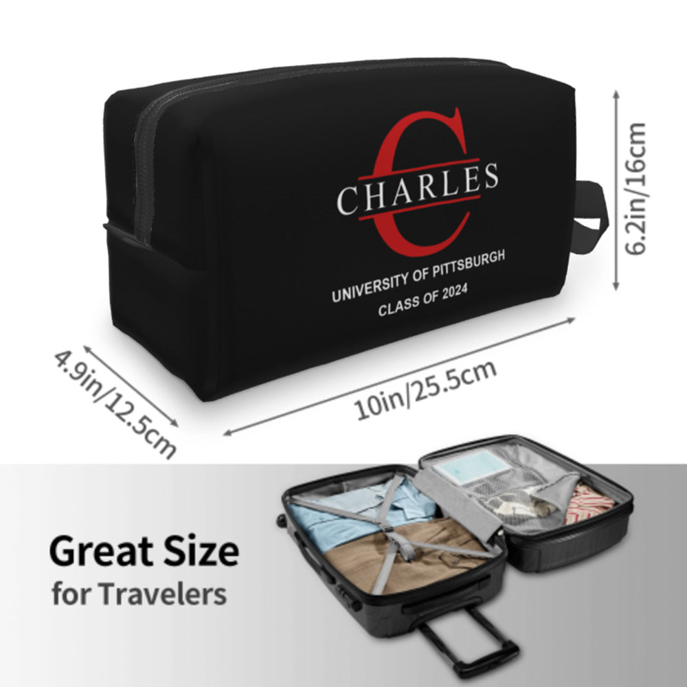 Personalised toiletry bag open to show roomy interior and zip, ideal uni toiletry organiser or personalised pencil case