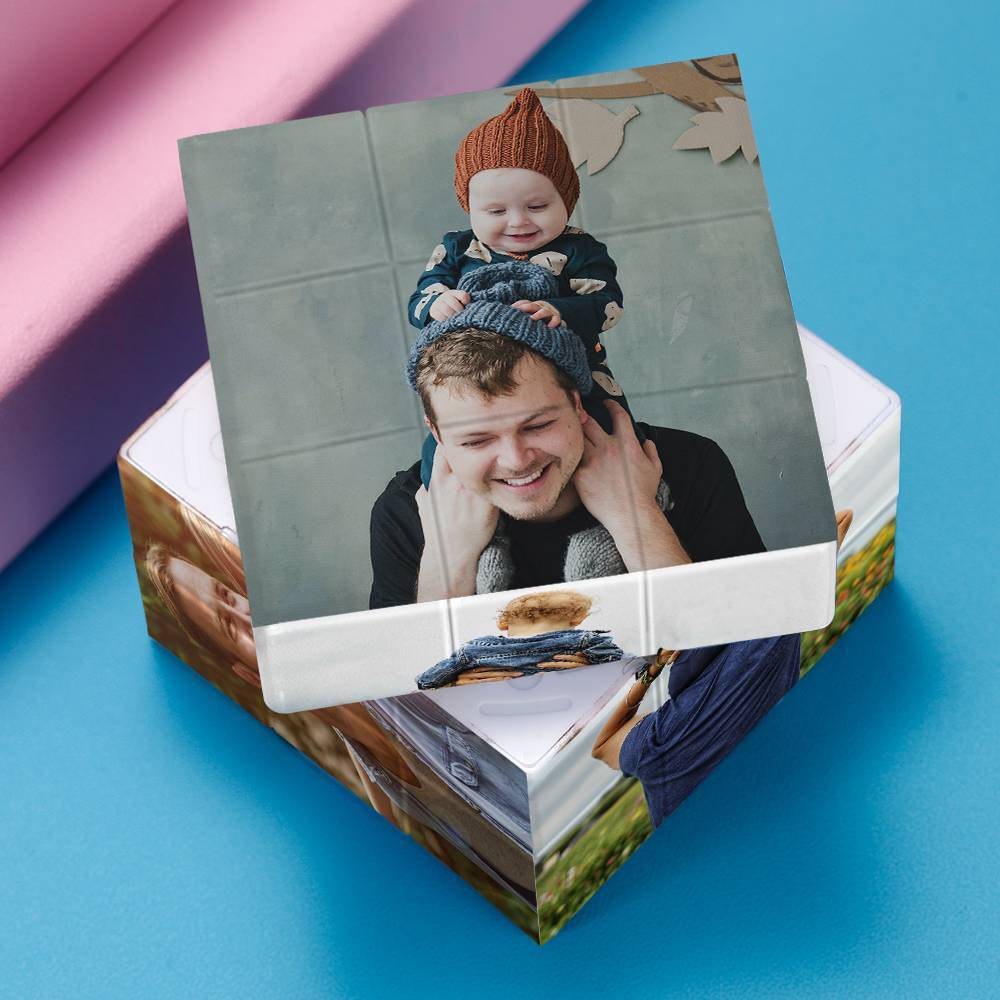 Close-up of high-resolution photo tiles on a personalised Rubik's cube – durable plastic, child-safe finish with crisp printed images