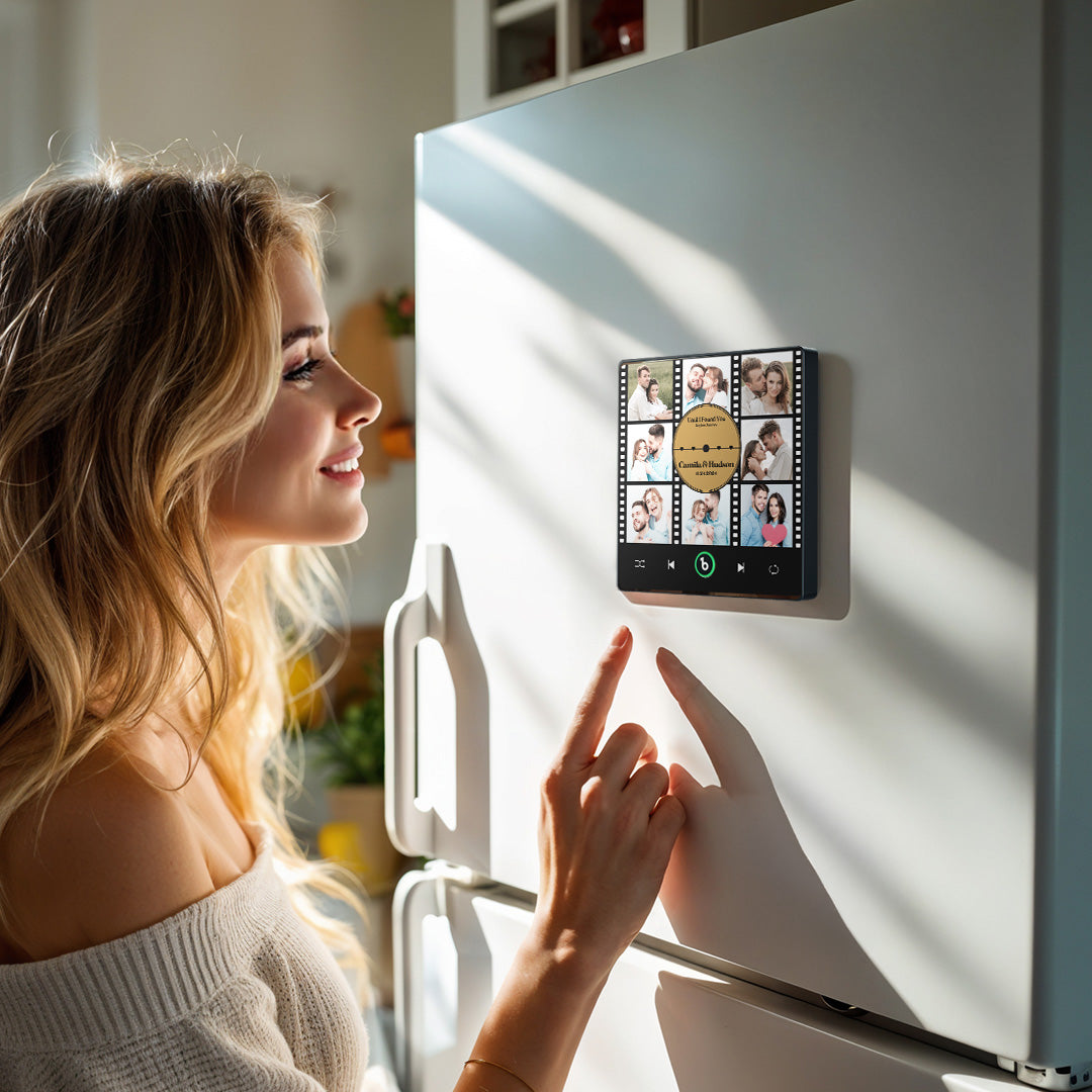 Charging port and USB cable detail of FridgeBeats Framed 4.0 rechargeable singing fridge magnet — 30 minute charge, 4–6 hours playtime