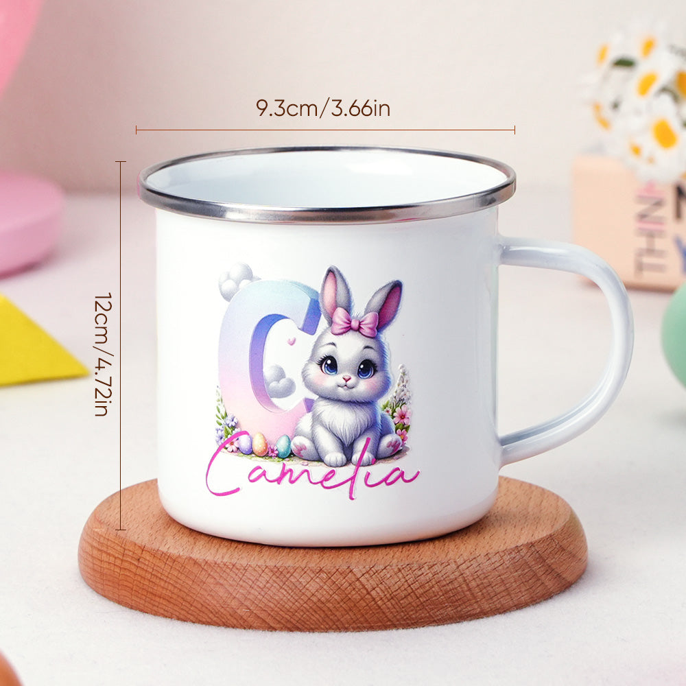 Angled shot of personalised bunny enamel mug highlighting 12oz (355ml) capacity — ideal for milk, juice or hot chocolate for kids