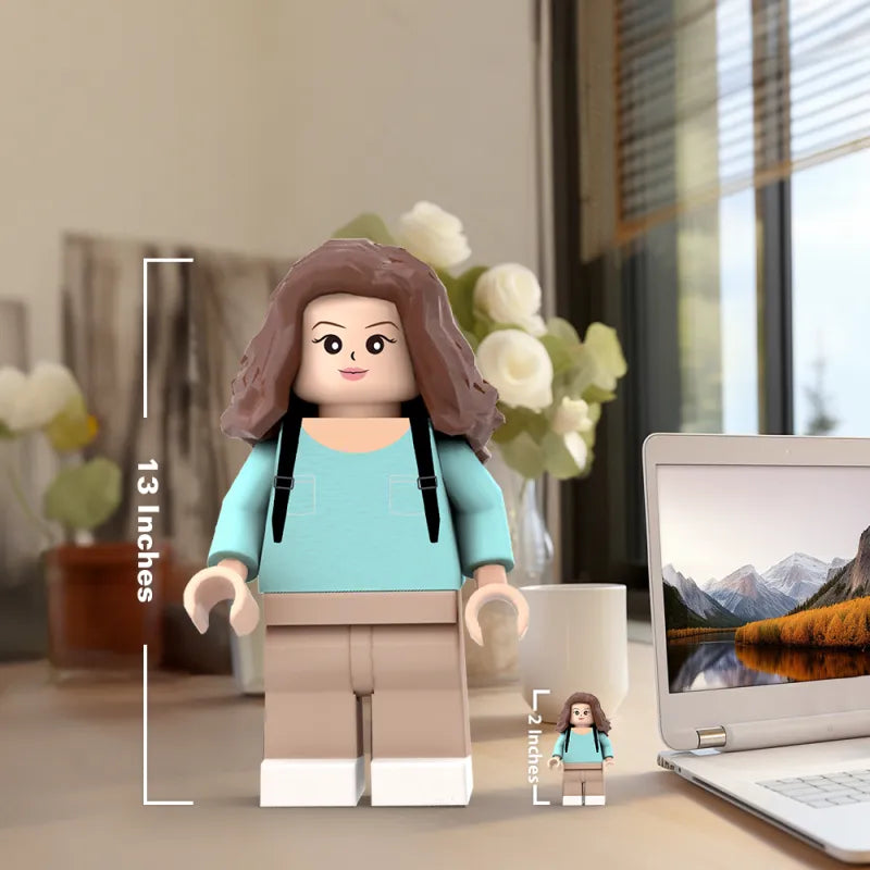 Scale view showing the giant minifig representing full-body stature head-to-toe, bespoke 3D printed personalised photo minifigure