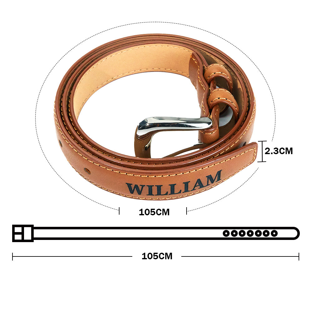 Close-up of alloy buckle on personalised PU leather belt with engraved name detail — durable men's accessory gift