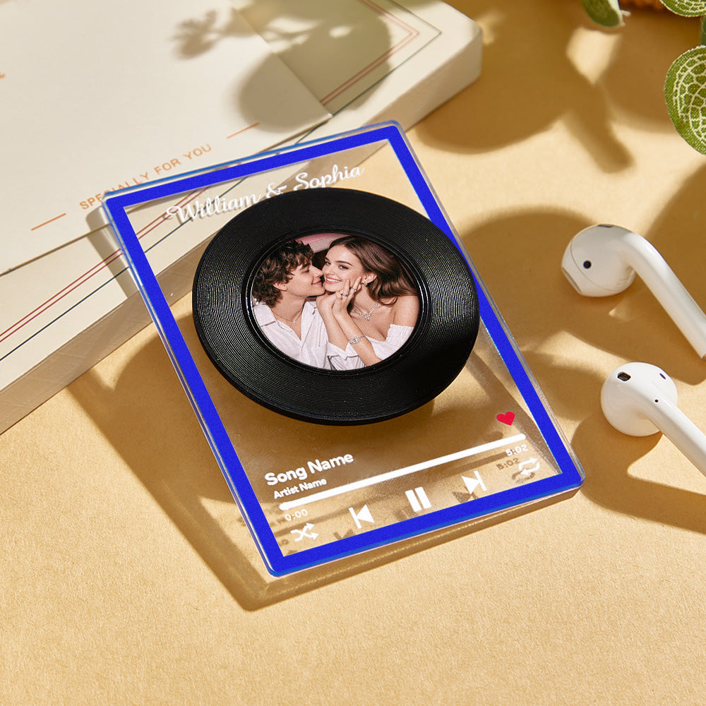 Angled close-up of rotatable vinyl detail and premium clear acrylic edge on a personalised NFC music plaque