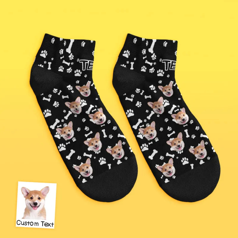 Pair of personalised dog face ankle socks side view — vibrant colours, cosy everyday wear