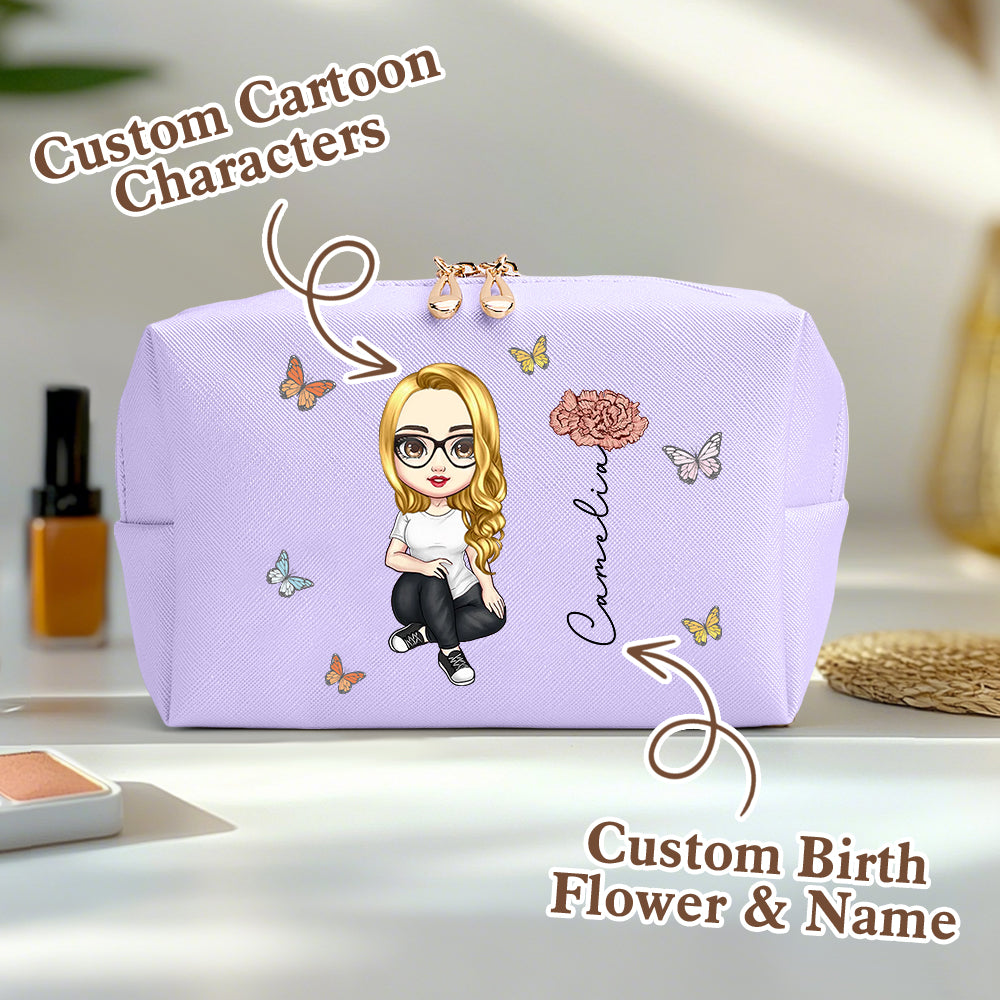 Size comparison of personalised make-up bag held in hand showing compact 18cm x 11cm dimensions — ideal custom cosmetic organiser