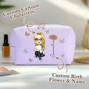 Personalized Cartoon Character Makeup Bag with Birth Flower PU Leather Cosmetic Bag Gift for Her