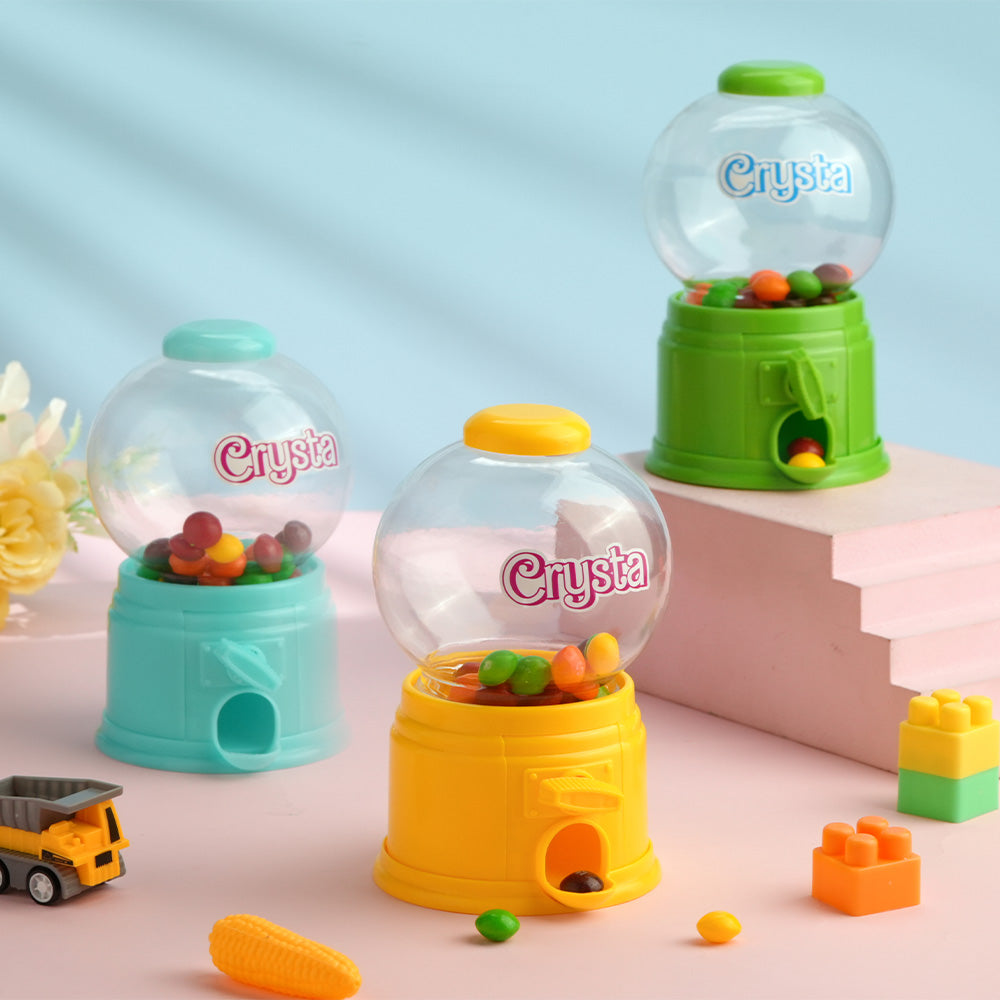 Durable plastic build and easy-turn knob detail of the personalised mini gashapon candy dispenser - safe, wipe-clean design for kids