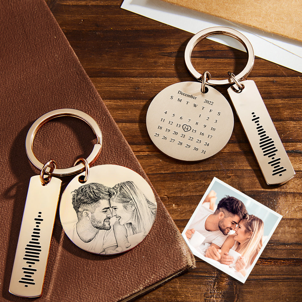 Demonstration of Spotify scannable music code on a personalised engraved keyring being scanned by a smartphone for instant playback