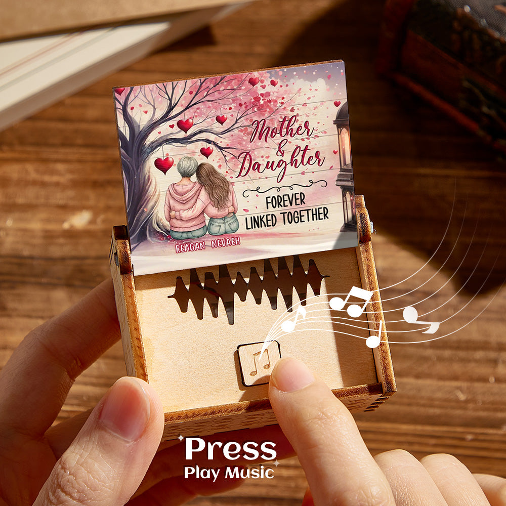 Personalised wooden music box on white background — custom Mother's Day keepsake that plays MP3s and voice recordings, perfect gift for mum
