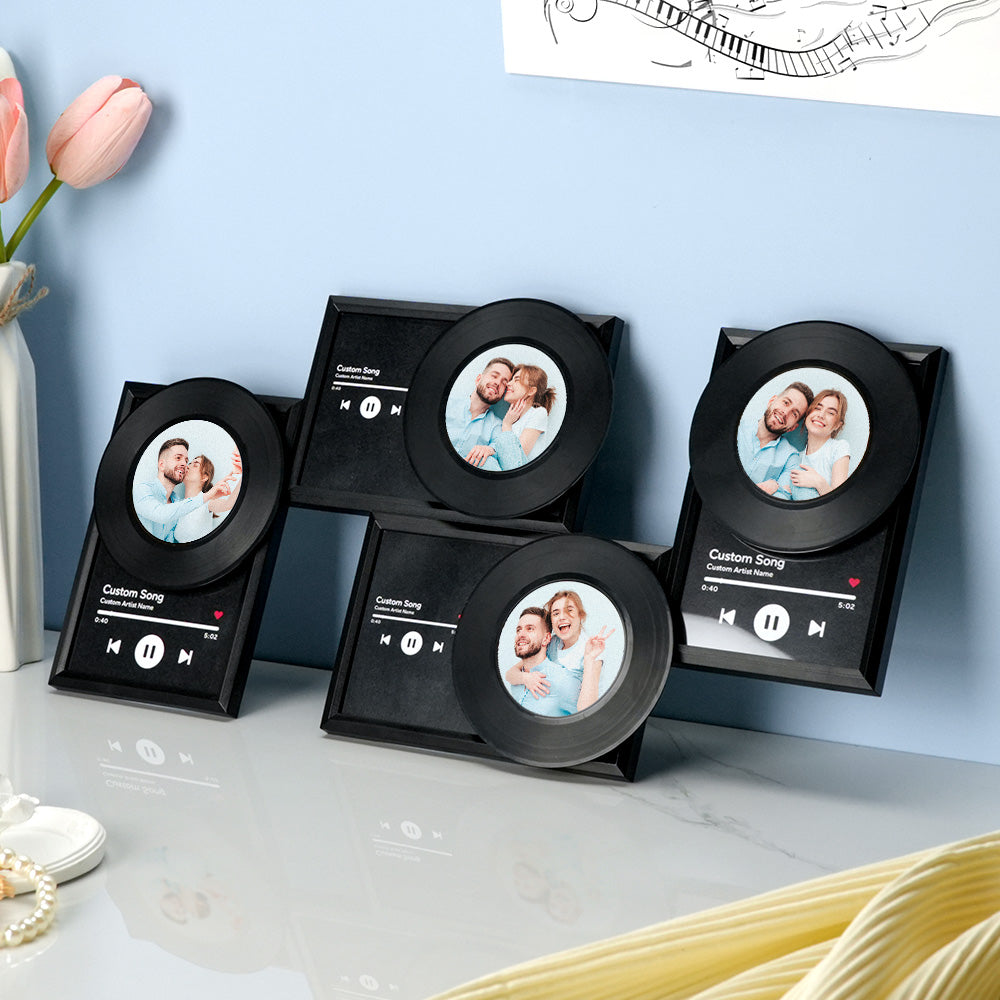 Styled personalised NFC vinyl record hung on a living room wall — custom music photo wall decor ideal for anniversaries and Valentine's Day
