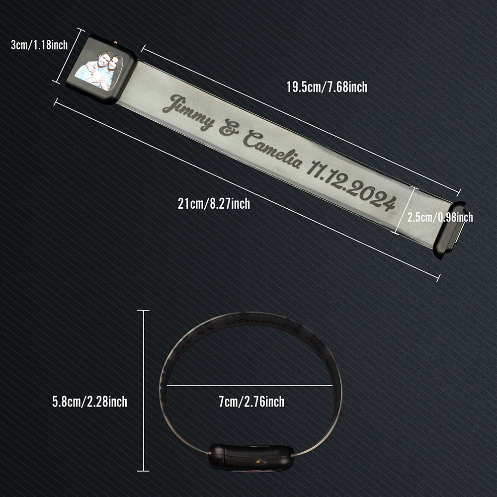 Personalised photo LED bracelet displayed alongside sample photos to demonstrate custom printing options for bespoke wedding favours and birthday gifts