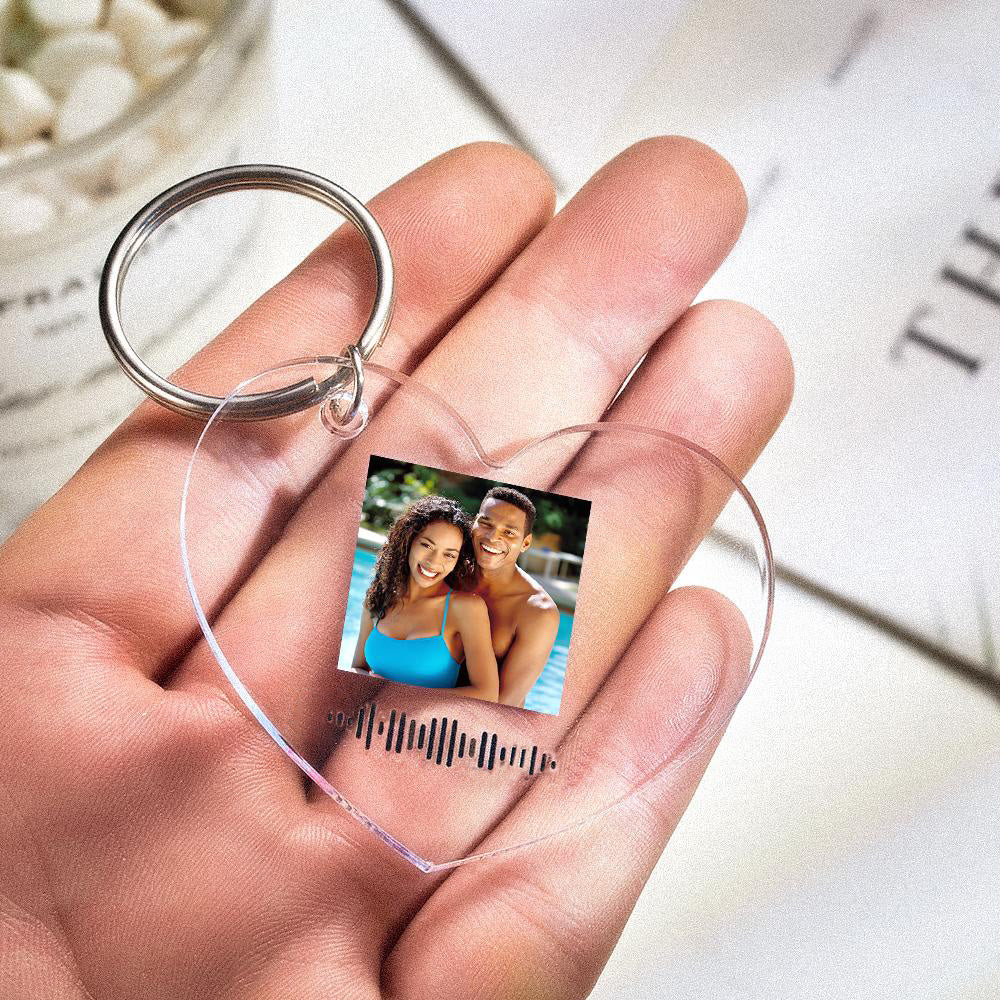 Scale view of the clear acrylic Spotify keyring, showing compact 6 x 5 x 0.3 cm size for a personalised photo music keepsake