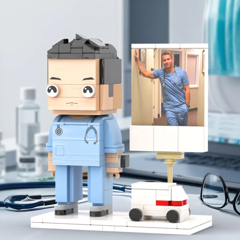 Three-quarter view of a personalised full-body brick figure dressed as a doctor, highlighting customised hair, facial expression and simple accessories