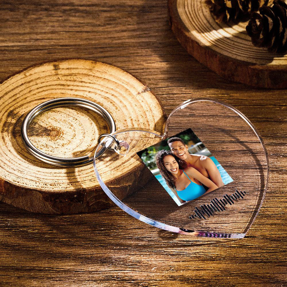Close-up of personalised clear acrylic keyring showing crisp UV-printed photo detail and engraved Spotify scannable code for instant playback