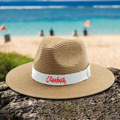 Personalized Straw Fedora Hat with White Band Custom Beach Hat Gift for Bridesmaid Friends Family Bachelorette Party