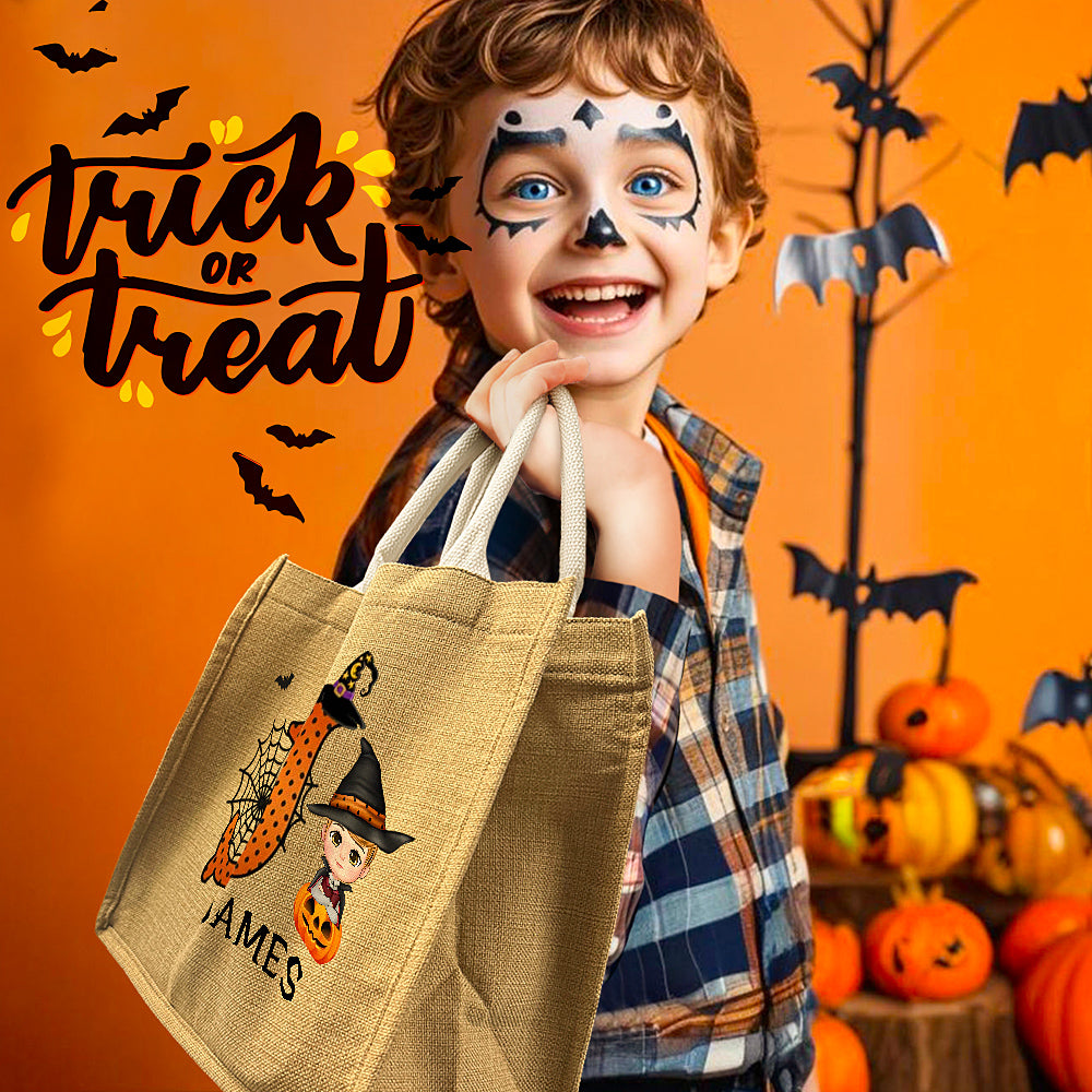 Care label and print detail on personalised cartoon pumpkin jute tote – spot clean to preserve print