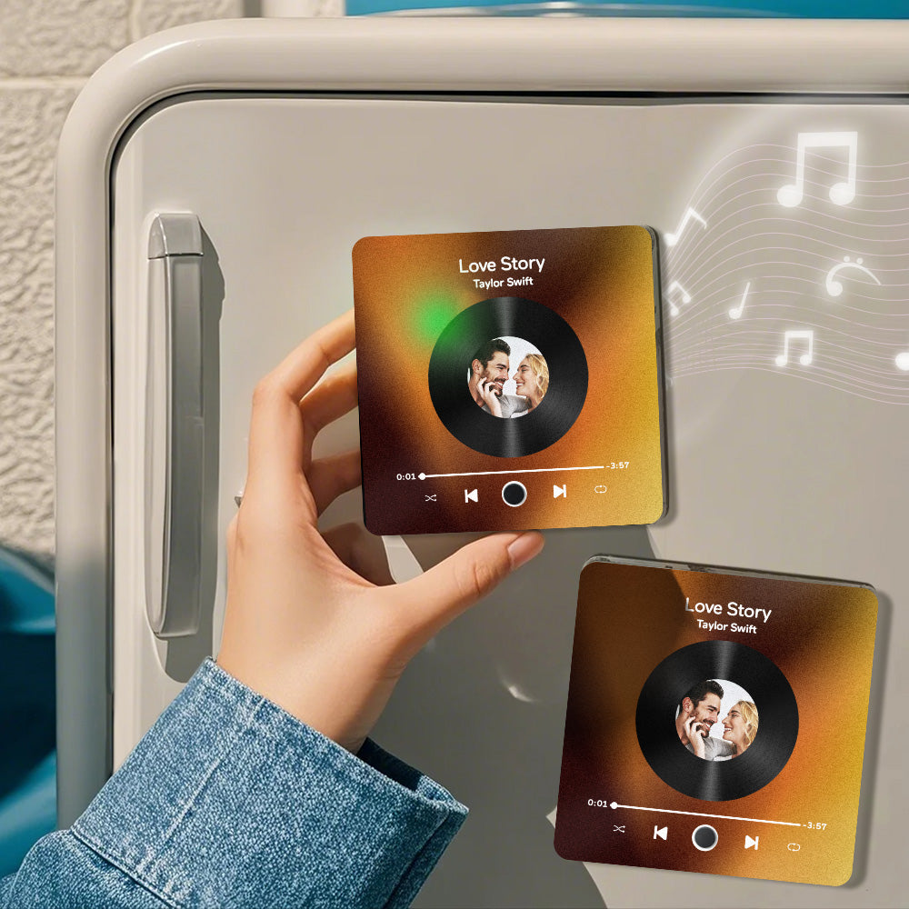Personalised photo music fridge magnet displayed on a stainless-steel fridge — discreet acoustic module plays your chosen melody on door opening; romantic gift for her