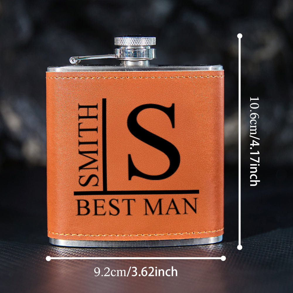 Lifestyle shot of personalised leather whisky flask outdoors, compact 6oz stainless steel hip flask - perfect gift for golf trips and weddings